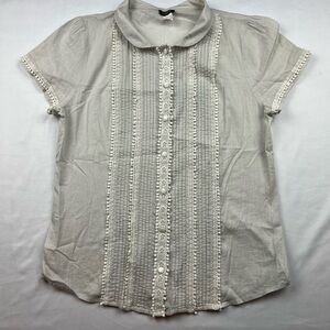 Vintage J.Crew Button Up Shirt Size 6 Gray Lace Trim Pintuck Lightweight